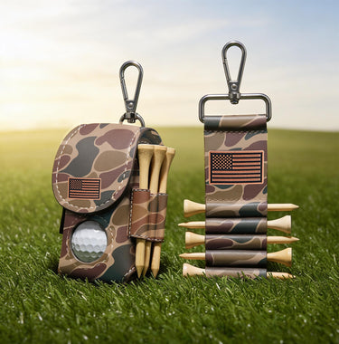 American Flag Leather Golf Ball and Tee Holder - Brown or Camo Golf Bag Clip