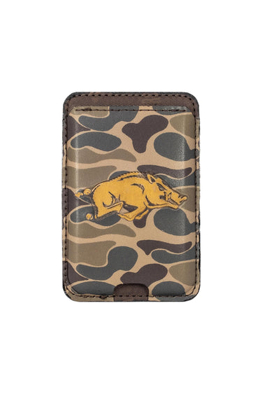 Arkansas Razorbacks Magnetic Phone Card Holder – Brown Burnished Leather or Old School Camo