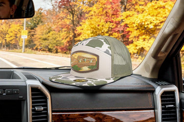Duck Call Hunting Woven Patch Old School Camo Hat. 7-Panel Richardson 168 Trucker Snapback Cap