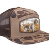 Pointer Birddog Hunting Woven Patch Old School Camo Hat. 7-Panel Richardson 168 Trucker Snapback Cap