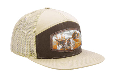 Pointer Birddog Hunting Woven Patch Old School Camo Hat. 7-Panel Richardson 168 Trucker Snapback Cap