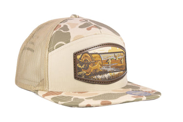 Hunting Dog Shotshell Woven Patch Old School Camo Hat. 7-Panel Richardson 168 Trucker Snapback Cap