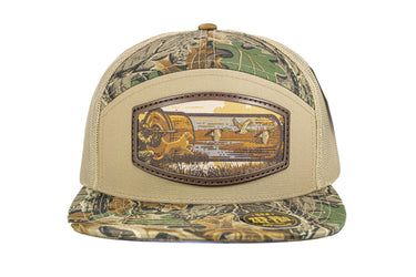 Hunting Dog Shotshell Woven Patch Old School Camo Hat. 7-Panel Richardson 168 Trucker Snapback Cap