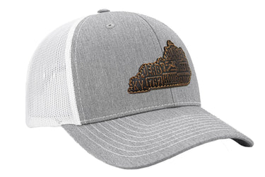 Kentucky Map Leather Patch Trucker Hat. Burnished Full Grain Leather. Snapback Trucker Hat. Richardson 112 Cap. Kentucky State Headwear.