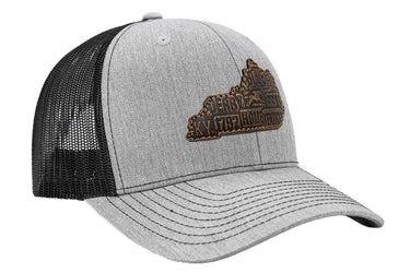 Kentucky Map Leather Patch Trucker Hat. Burnished Full Grain Leather. Snapback Trucker Hat. Richardson 112 Cap. Kentucky State Headwear.