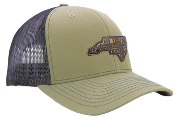 North Carolina Map Leather Patch Trucker Hat. Burnished Full Grain Leather. Snapback Trucker Hat. Richardson 112 Cap. NC Headwear.