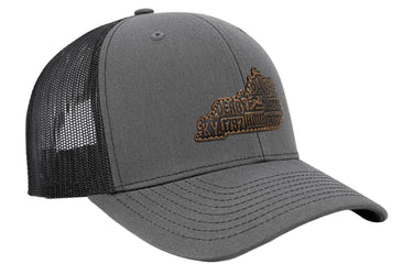 Virginia Map Leather Patch Trucker Hat. Burnished Full Grain Leather. Snapback Trucker Hat. Richardson 112 Cap. VA State Headwear.