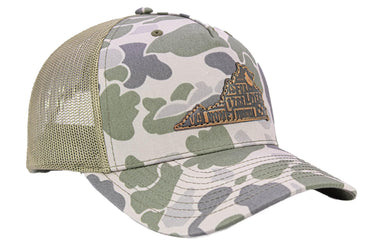 Virginia Map Old School Camo Trucker Hat. Burnished Full Grain Leather Patch. 5-Panel Richardson 112 Snapback Cap. Stitched Map Patch.