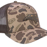 North Carolina Map Old School Camo Trucker Hat. Burnished Full Grain Leather Patch. 5-Panel Richardson 112 Snapback Cap. Stitched Map Patch.