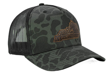 Kentucky Map Old School Camo Trucker Hat. Burnished Full Grain Leather Patch. 5-Panel Richardson 112 Snapback Cap. Stitched Map Patch.