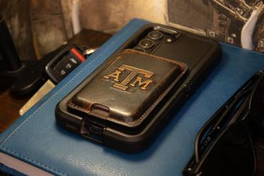 Texas A&M Aggies Magnetic Phone Card Holder – Brown Burnished Leather or Old School Camo
