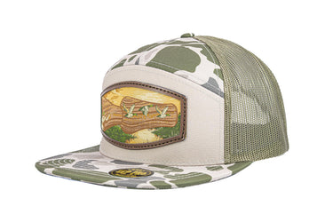 Duck Call Hunting Woven Patch Old School Camo Hat. 7-Panel Richardson 168 Trucker Snapback Cap