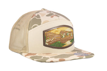 Duck Call Hunting Woven Patch Old School Camo Hat. 7-Panel Richardson 168 Trucker Snapback Cap
