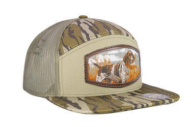 Pointer Birddog Hunting Woven Patch Old School Camo Hat. 7-Panel Richardson 168 Trucker Snapback Cap