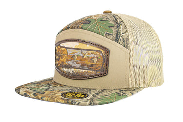 Hunting Dog Shotshell Woven Patch Old School Camo Hat. 7-Panel Richardson 168 Trucker Snapback Cap
