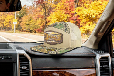 Hunting Dog Shotshell Woven Patch Old School Camo Hat. 7-Panel Richardson 168 Trucker Snapback Cap