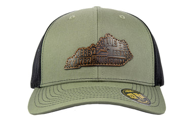 Kentucky Map Leather Patch Trucker Hat. Burnished Full Grain Leather. Snapback Trucker Hat. Richardson 112 Cap. Kentucky State Headwear.