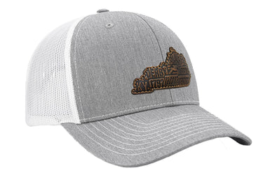 Virginia Map Leather Patch Trucker Hat. Burnished Full Grain Leather. Snapback Trucker Hat. Richardson 112 Cap. VA State Headwear.