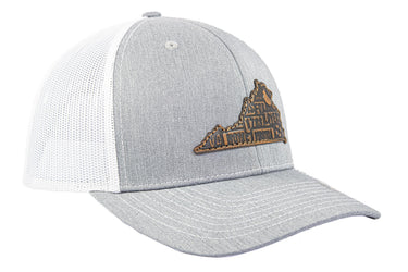 Virginia Map Leather Patch Trucker Hat. Burnished Full Grain Leather. Snapback Trucker Hat. Richardson 112 Cap. VA State Headwear.
