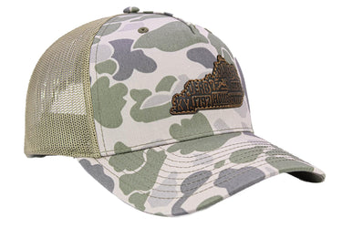 Virginia Map Old School Camo Trucker Hat. Burnished Full Grain Leather Patch. 5-Panel Richardson 112 Snapback Cap. Stitched Map Patch.