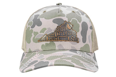 Virginia Map Old School Camo Trucker Hat. Burnished Full Grain Leather Patch. 5-Panel Richardson 112 Snapback Cap. Stitched Map Patch.
