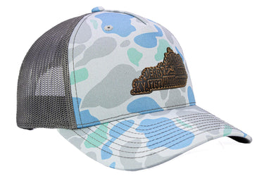 Virginia Map Old School Camo Trucker Hat. Burnished Full Grain Leather Patch. 5-Panel Richardson 112 Snapback Cap. Stitched Map Patch.