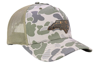 North Carolina Map Old School Camo Trucker Hat. Burnished Full Grain Leather Patch. 5-Panel Richardson 112 Snapback Cap. Stitched Map Patch.