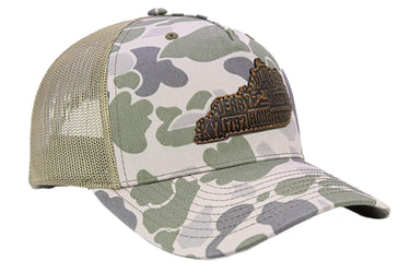 Kentucky Map Old School Camo Trucker Hat. Burnished Full Grain Leather Patch. 5-Panel Richardson 112 Snapback Cap. Stitched Map Patch.