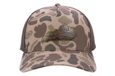 Kentucky Map Old School Camo Trucker Hat. Burnished Full Grain Leather Patch. 5-Panel Richardson 112 Snapback Cap. Stitched Map Patch.