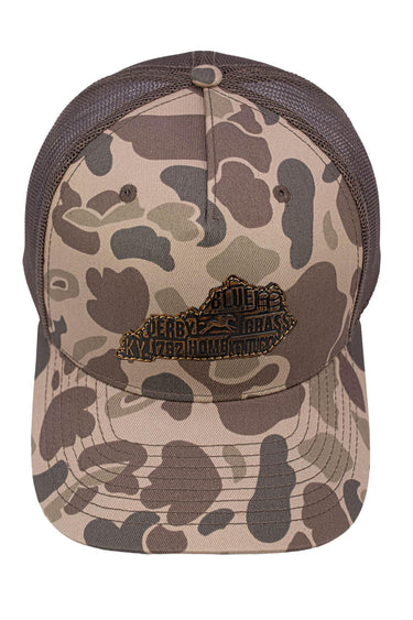 Kentucky Map Old School Camo Trucker Hat. Burnished Full Grain Leather Patch. 5-Panel Richardson 112 Snapback Cap. Stitched Map Patch.