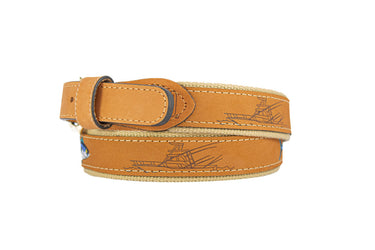 Bluefin Tuna Embroidered Nubuck Leather Belt. Tan Full Grain Leather Tabs, Solid Brass Buckle and Cotton Webbing.