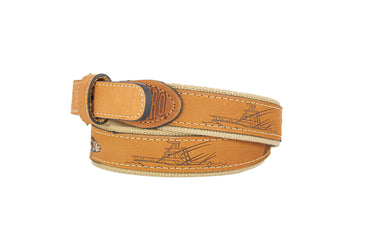 Cobia Embroidered Nubuck Leather Belt. Tan Full Grain Leather Tabs, Solid Brass Buckle and Cotton Webbing.