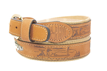 Speckled Trout Embroidered Nubuck Leather Belt. Tan Full Grain Leather Tabs, Solid Brass Buckle and Cotton Webbing.