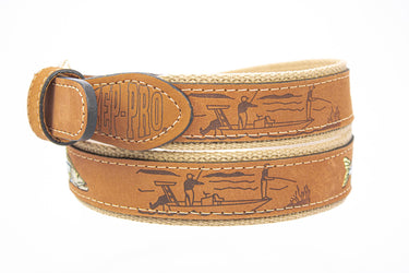 Snook Embroidered Nubuck Leather Belt. Tan Full Grain Leather Tabs, Solid Brass Buckle and Cotton Webbing.