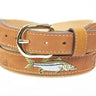 Snook Embroidered Nubuck Leather Belt. Tan Full Grain Leather Tabs, Solid Brass Buckle and Cotton Webbing.
