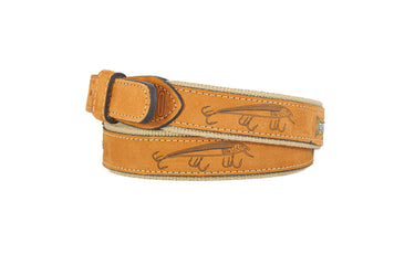 Striped Bass Embroidered Nubuck Leather Belt. Tan Full Grain Leather Tabs, Solid Brass Buckle and Cotton Webbing.