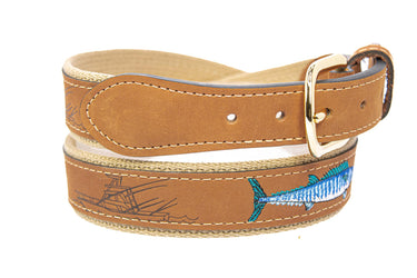 Wahoo Embroidered Nubuck Leather Belt. Tan Full Grain Leather Tabs, Solid Brass Buckle and Cotton Webbing.