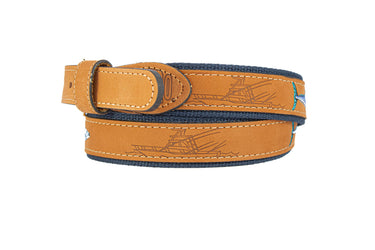 Wahoo Embroidered Nubuck Leather Belt. Tan Full Grain Leather Tabs, Solid Brass Buckle and Cotton Webbing.