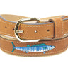 Wahoo Embroidered Nubuck Leather Belt. Tan Full Grain Leather Tabs, Solid Brass Buckle and Cotton Webbing.