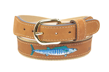 Wahoo Embroidered Nubuck Leather Belt. Tan Full Grain Leather Tabs, Solid Brass Buckle and Cotton Webbing.