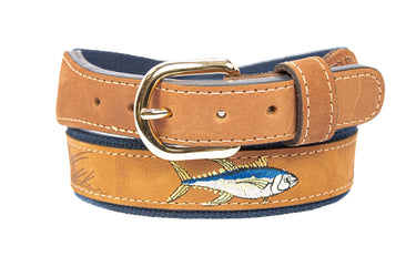Yellow Tuna Embroidered Nubuck Leather Belt. Tan Full Grain Leather Tabs, Solid Brass Buckle and Cotton Webbing.