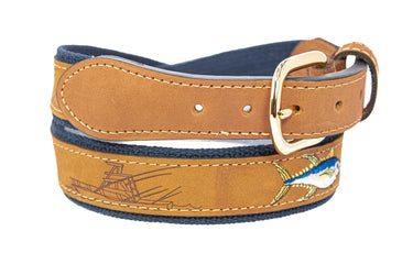 Yellow Tuna Embroidered Nubuck Leather Belt. Tan Full Grain Leather Tabs, Solid Brass Buckle and Cotton Webbing.