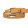 Bluefin Tuna Embroidered Nubuck Leather Belt. Tan Full Grain Leather Tabs, Solid Brass Buckle and Cotton Webbing.