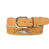 Cobia Embroidered Nubuck Leather Belt. Tan Full Grain Leather Tabs, Solid Brass Buckle and Cotton Webbing.