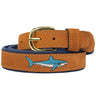 Mako Shark Embroidered Nubuck Leather Belt. Tan Full Grain Leather Tabs, Solid Brass Buckle and Cotton Webbing.