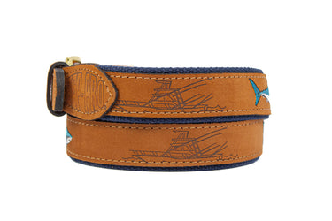 Mako Shark Embroidered Nubuck Leather Belt. Tan Full Grain Leather Tabs, Solid Brass Buckle and Cotton Webbing.