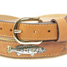 Speckled Trout Embroidered Nubuck Leather Belt. Tan Full Grain Leather Tabs, Solid Brass Buckle and Cotton Webbing.