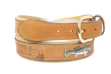 Speckled Trout Embroidered Nubuck Leather Belt. Tan Full Grain Leather Tabs, Solid Brass Buckle and Cotton Webbing.