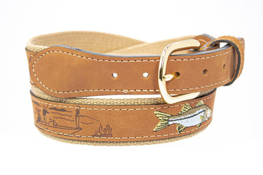 Snook Embroidered Nubuck Leather Belt. Tan Full Grain Leather Tabs, Solid Brass Buckle and Cotton Webbing.