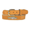 Striped Bass Embroidered Nubuck Leather Belt. Tan Full Grain Leather Tabs, Solid Brass Buckle and Cotton Webbing.